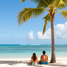 Caribbean Holidays, June Honeymoons, Romantic Caribbean beach resort in June with a couple relaxing beneath palm trees beside a calm turquoise lagoon