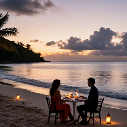 Caribbean Holidays, June Honeymoons, Romantic Caribbean dinner for two on a beach at sunset, lanterns and gentle waves in Saint Vincent and the Grenadines