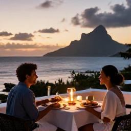 Caribbean Holidays, June Honeymoons, Romantic Caribbean dinner for two on a Montserrat terrace at sunset, with local food, candles and sea views