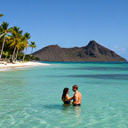 Caribbean Holidays, June Honeymoons, Romantic couple swimming in clear turquoise water beside a quiet sandy beach in Nevis, palm trees and volcanic hills in the distance