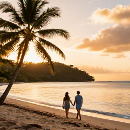 Caribbean Holidays, June Honeymoons, Romantic couple walking hand in hand along a quiet Saint Lucia beach at sunset in June, with palm trees and calm Caribbean water