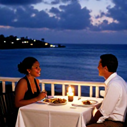 Caribbean Holidays, June Honeymoons, Romantic dinner for two on a Caribbean terrace in Saint Kitts, candlelit table, local dishes and evening sea view