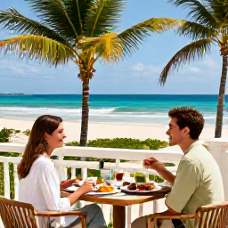 Caribbean Holidays, June Honeymoons, Romantic luxury resort beachfront in Punta Cana with palm trees, a couple sharing breakfast on a private terrace, Dominican Republic