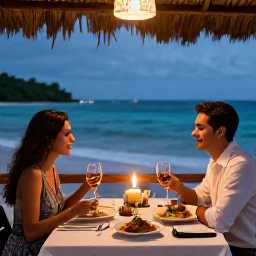 Caribbean Holidays, June Honeymoons, Romantic outdoor dinner for two at a Tobago seaside restaurant, candles, local Caribbean dishes and ocean view