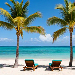 Caribbean Holidays, June Honeymoons, Romantic secluded beach in Tobago with clear turquoise water, palm trees and two sun loungers, bright tropical daylight