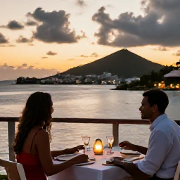 Caribbean Holidays, June Honeymoons, Romantic sunset dinner for two overlooking Charlotte Amalie harbour on St Thomas, with lanterns and Caribbean scenery