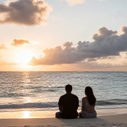Caribbean Holidays, June Honeymoons, Romantic sunset over Grace Bay Beach, Turks and Caicos, with a couple sitting on the sand and gentle waves in the foreground