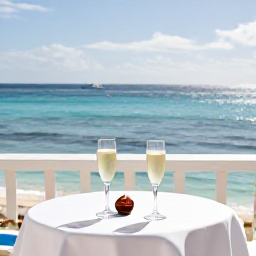 Caribbean Holidays, June Honeymoons, Stylish beachfront resort terrace with two glasses of champagne overlooking calm Caribbean sea in June sunshine