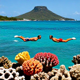 Caribbean Holidays, June Honeymoons, Turquoise Caribbean sea, colourful coral reef and a couple snorkelling together near St John in the United States Virgin Islands