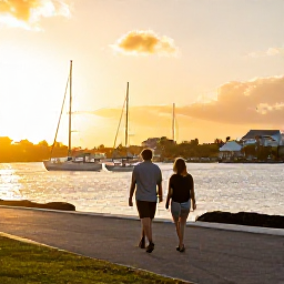 Caribbean Holidays, June in Saint Barth&eacute;lemy, Couple enjoying a relaxed sunset walk beside Gustavia harbour on Saint Barth&eacute;lemy, sailing boats and golden evening light