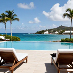 Caribbean Holidays, June in Saint Barth&eacute;lemy, Elegant adults-only resort terrace in Saint Barth&eacute;lemy overlooking the Caribbean Sea in June, pool, palms and comfortable loungers