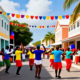Caribbean Holidays, June in the USVI, Colourful Caribbean cultural festival in Charlotte Amalie, St Thomas, with dancers, musicians and decorated streets in warm June sunshine