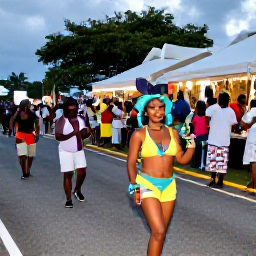 Caribbean Holidays, June in the USVI, Evening Caribbean street parade in Cruz Bay, St John, with colourful costumes, music, food stalls and cheering crowds