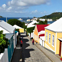 Caribbean Holidays, June in the USVI, Visitors exploring a historic Caribbean town in Charlotte Amalie, with colourful buildings, stone streets and sunny harbour views