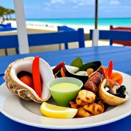Caribbean Holidays, June in Turks and Caicos, Colourful plate of conch, fresh seafood and Caribbean side dishes served at a relaxed island restaurant in Turks and Caicos
