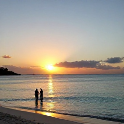 Caribbean Holidays, June in Turks and Caicos, Peaceful sunset over Grace Bay, Turks and Caicos, with calm turquoise water and a couple enjoying the end of a June holiday