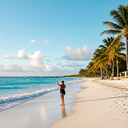 Caribbean Holidays, June Instagram Hotspots, A bright Caribbean beach in June with turquoise water, soft white sand, palm trees and a traveller taking a photograph at sunrise