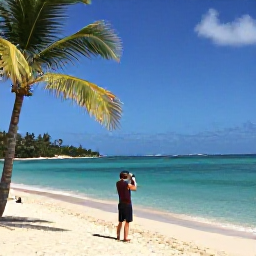 Caribbean Holidays, June Instagram Hotspots, A bright Caribbean beach in the United States Virgin Islands in June, with turquoise water, palm trees and a traveller taking a photograph