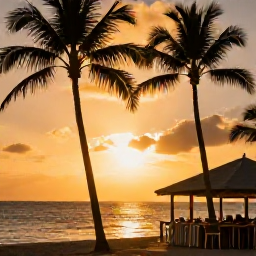 Caribbean Holidays, June Instagram Hotspots, A golden Caribbean sunset over the sea with silhouetted palm trees, a small beach bar and warm evening light