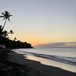 Caribbean Holidays, June Instagram Hotspots, A quiet black-sand beach on Saint Vincent at sunset, with dark volcanic sand, gentle waves and silhouettes of palm trees