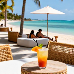 Caribbean Holidays, June Instagram Hotspots, A stylish tropical beach club in the Caribbean with rattan seating, fresh fruit drinks, palm shadows and visitors relaxing beside blue water