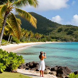 Caribbean Holidays, June Instagram Hotspots, A traveller photographing a quiet tropical cove in the United States Virgin Islands during June, surrounded by palms and lush hills
