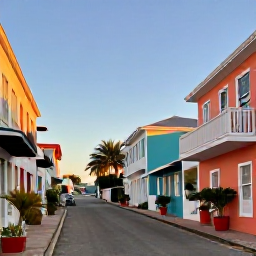 Caribbean Holidays, June Instagram Hotspots, Atmospheric street photograph in Cockburn Town, Grand Turk, showing colourful historic buildings, a quiet road, tropical plants and warm afternoon light