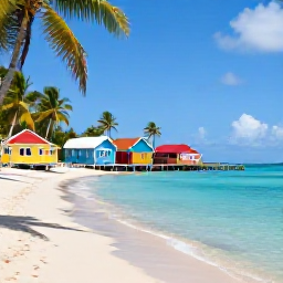 Caribbean Holidays, June Instagram Hotspots, Colourful wooden houses and quiet beach on Las Galeras peninsula, Dominican Republic, with palms and bright Caribbean water