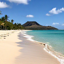 Caribbean Holidays, June Instagram Hotspots, Empty golden beach with clear turquoise water, palm trees and volcanic hills on Saint Kitts