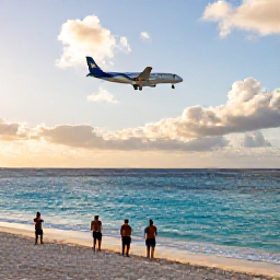 Caribbean Holidays, June Instagram Hotspots, Golden-hour view from Maho Beach in Sint Maarten, with a low-flying passenger aircraft approaching above the turquoise Caribbean Sea and beachgoers watching safely from the sand