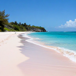 Caribbean Holidays, June Instagram Hotspots, Quiet tropical beach on Barbuda with pink-tinged sand, clear water, low vegetation and seabirds