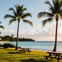 Caribbean Holidays, June Instagram Hotspots, Relaxed beach scene at The Bight Park in Providenciales, with swaying palms, calm turquoise sea, picnic tables and warm late-afternoon sunlight