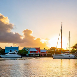 Caribbean Holidays, June Instagram Hotspots, Sunset at Soper's Hole on Tortola in June, with yachts in the marina, colourful buildings and golden evening light