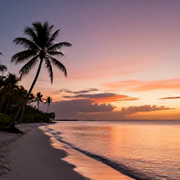 Caribbean Holidays, June Instagram Hotspots, Sunset photograph from a quiet Turks and Caicos beach, with pastel orange and pink sky reflected on calm water and silhouettes of palm trees