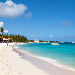 Caribbean Holidays, June Instagram Hotspots, Turquoise lagoon and quiet white-sand shoreline at Pinel Island near Saint Martin, with a small boat, palm trees and visitors enjoying a sunny June day