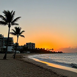 Caribbean Holidays, June Instagram Spots, Sunset over Condado beach in San Juan, Puerto Rico, with palm trees and gentle waves in the foreground