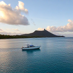 Caribbean Holidays, June Island Hopping, A small inter-island boat travelling across clear Caribbean water between Saint Kitts and Nevis at sunset