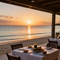 Caribbean Holidays, June Island Hopping, Relaxed Caribbean beach restaurant at sunset with outdoor tables, local food and calm sea views