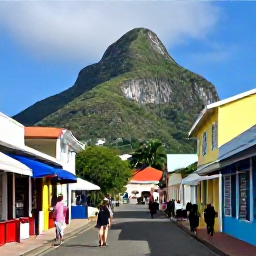 Caribbean Holidays, June Island Hopping, Visitors exploring colourful Basseterre streets with historic buildings, local shops and Mount Liamuiga rising in the background