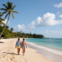 Caribbean Holidays, June Luxury Holidays, Couple walking along a quiet golden beach on Nevis in June, with calm Caribbean water and palm trees