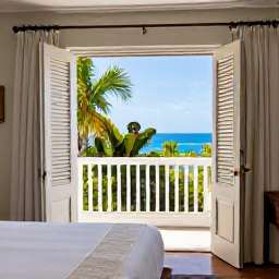 Caribbean Holidays, June Luxury Holidays, Elegant luxury hotel room in Saint Kitts with open balcony doors, tropical garden views and soft natural light