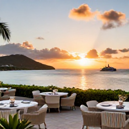 Caribbean Holidays, June Luxury Holidays, Elegant luxury hotel terrace overlooking a calm Caribbean bay at sunset on St Thomas