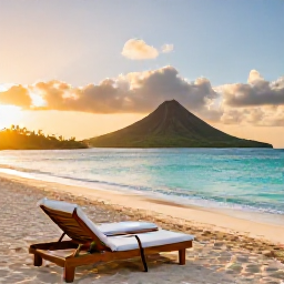 Caribbean Holidays, June Luxury Holidays, Luxury beachfront resort on Saint Kitts at sunset in June, with elegant loungers, turquoise sea and green volcanic hills