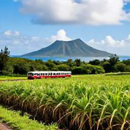 Caribbean Holidays, June Luxury Holidays, Scenic train journey through green sugar cane fields on Saint Kitts with volcanic mountains and blue sea in the distance