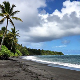 Caribbean Holidays, June Nature Holidays, A quiet black-sand beach on Saint Vincent bordered by palms and lush vegetation, with gentle waves under a partly cloudy sky