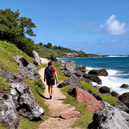 Caribbean Holidays, June Nature Holidays, Hiker walking on a scenic coastal trail in Saint Barth&eacute;lemy, rocky coastline, tropical vegetation and bright Caribbean sea