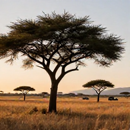 Caribbean Holidays, June Safari Holidays, African savannah at sunrise in June, with acacia trees, open grassland and a safari vehicle in the distance