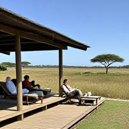 Caribbean Holidays, June Safari Holidays, Comfortable safari lodge overlooking African grassland, with guests relaxing on a shaded veranda during a clear June day