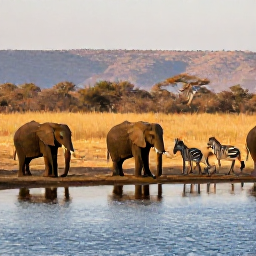 Caribbean Holidays, June Safari Holidays, Elephants and zebra gathering beside a calm African waterhole, with dry grass and distant hills in soft afternoon light
