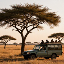 Caribbean Holidays, June Safari Holidays, Safari travellers watching wildlife from an open-sided vehicle beside acacia trees, with warm evening light across the savannah